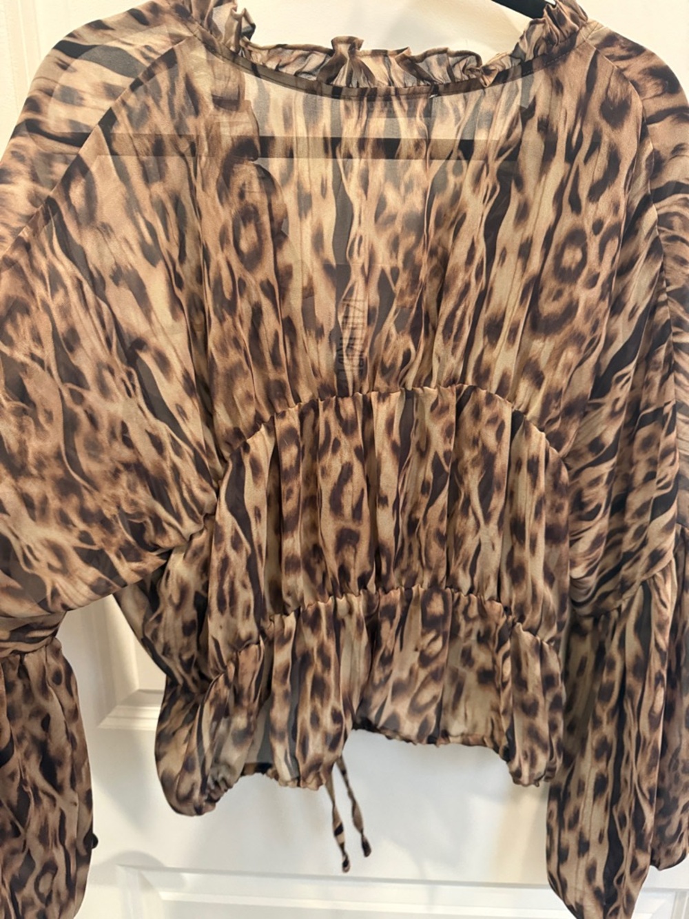 12th Tribe Leopard Print Ruffled V-Neck Blouse in Brown and Tan - Picture 11 of 16
